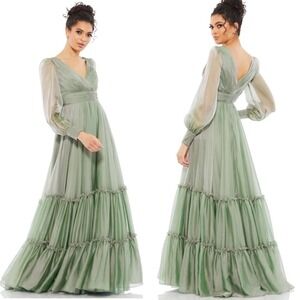 NET MAC DUGGAL FAUX WRAP LONG SLEEVE TIERED GOWN SIZE 6